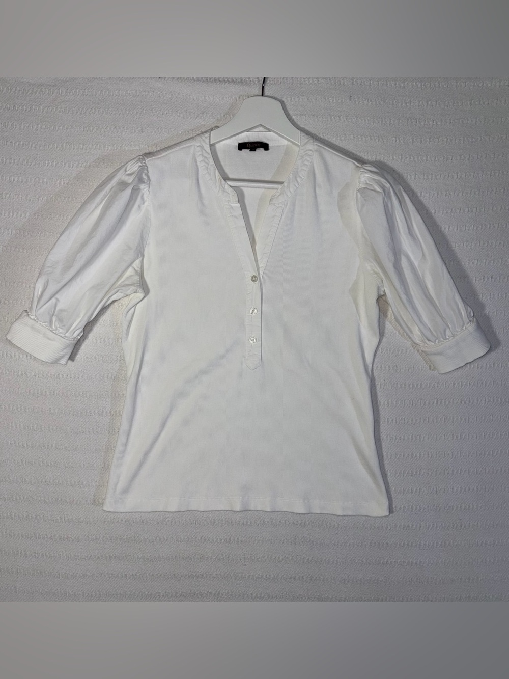 Quince Cotton Mixed Media Puff Sleeve Top Size M Classic White Preppy Classic